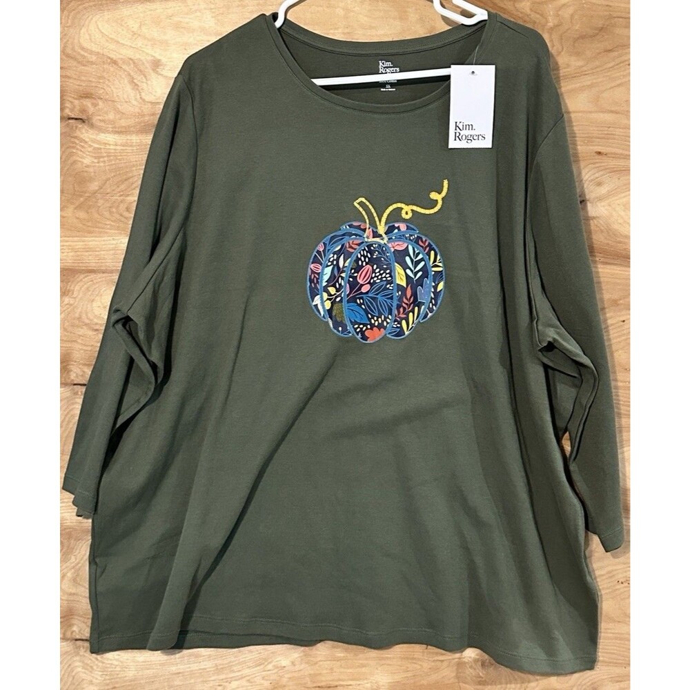 NWT Kim Rogers 3X Plus Pumpkin Perfectly Soft Cotton Shirt  Fall Green